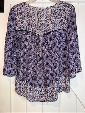 Japna Navy and Pink Printed Boho Tie-Front Peasant Blouse